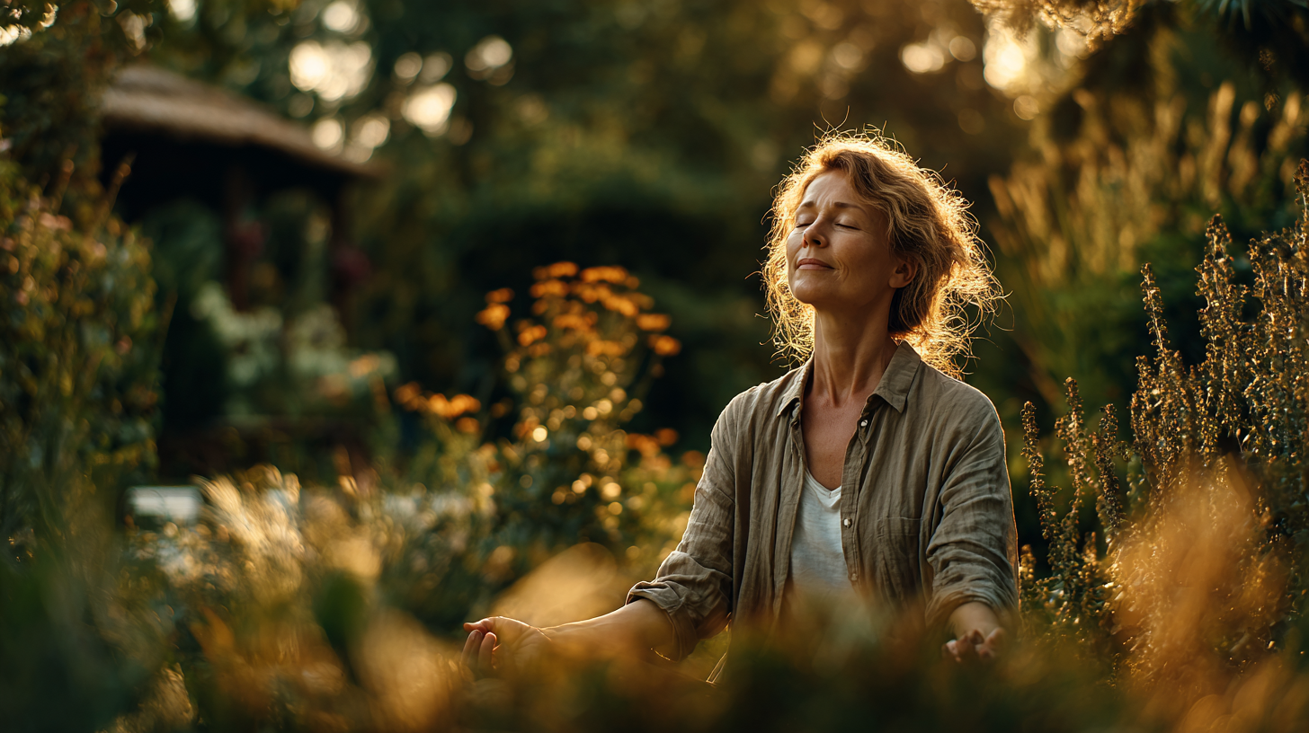 Idősebb nő jógagyakorlat közben természetes környezetben